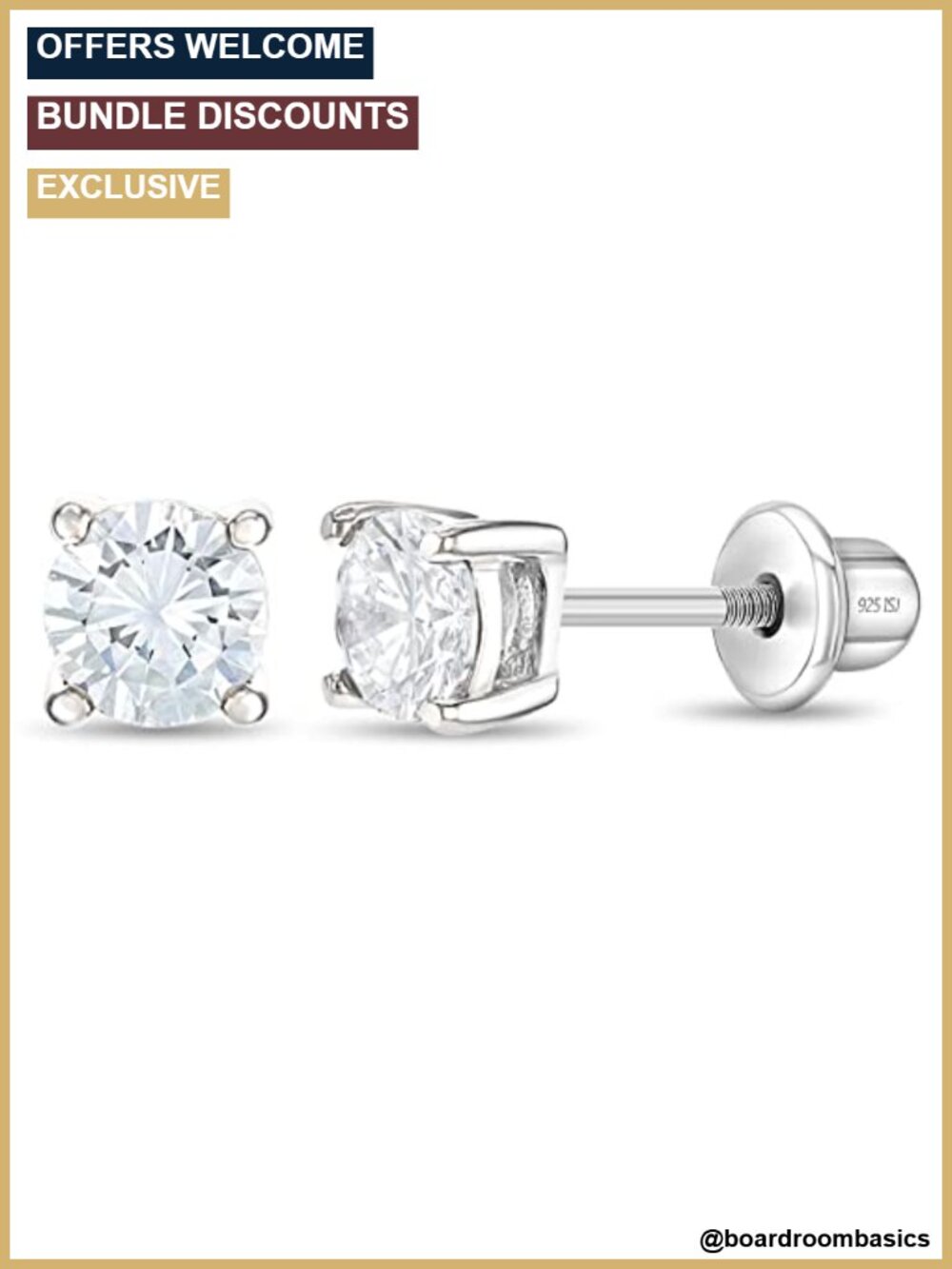 925 Sterling Silver CZ Solitaire Screw Back Kids Earrings Hypoallergenic